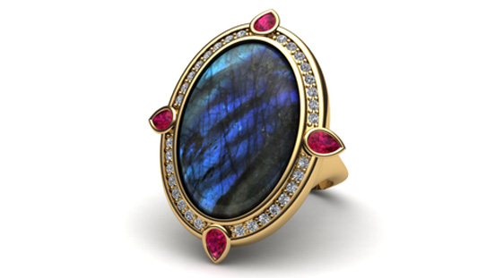 Jewelry Design & Technology alum Tess Lecklitner’s statement ring is a study in contrasts. A labradorite is surrounded by diamonds and accented by rubies. 